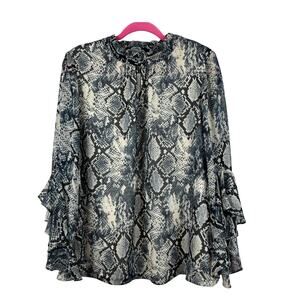 Vince Camuto Snake Print Blouse Ruffle Bell Sleeve Top Size L